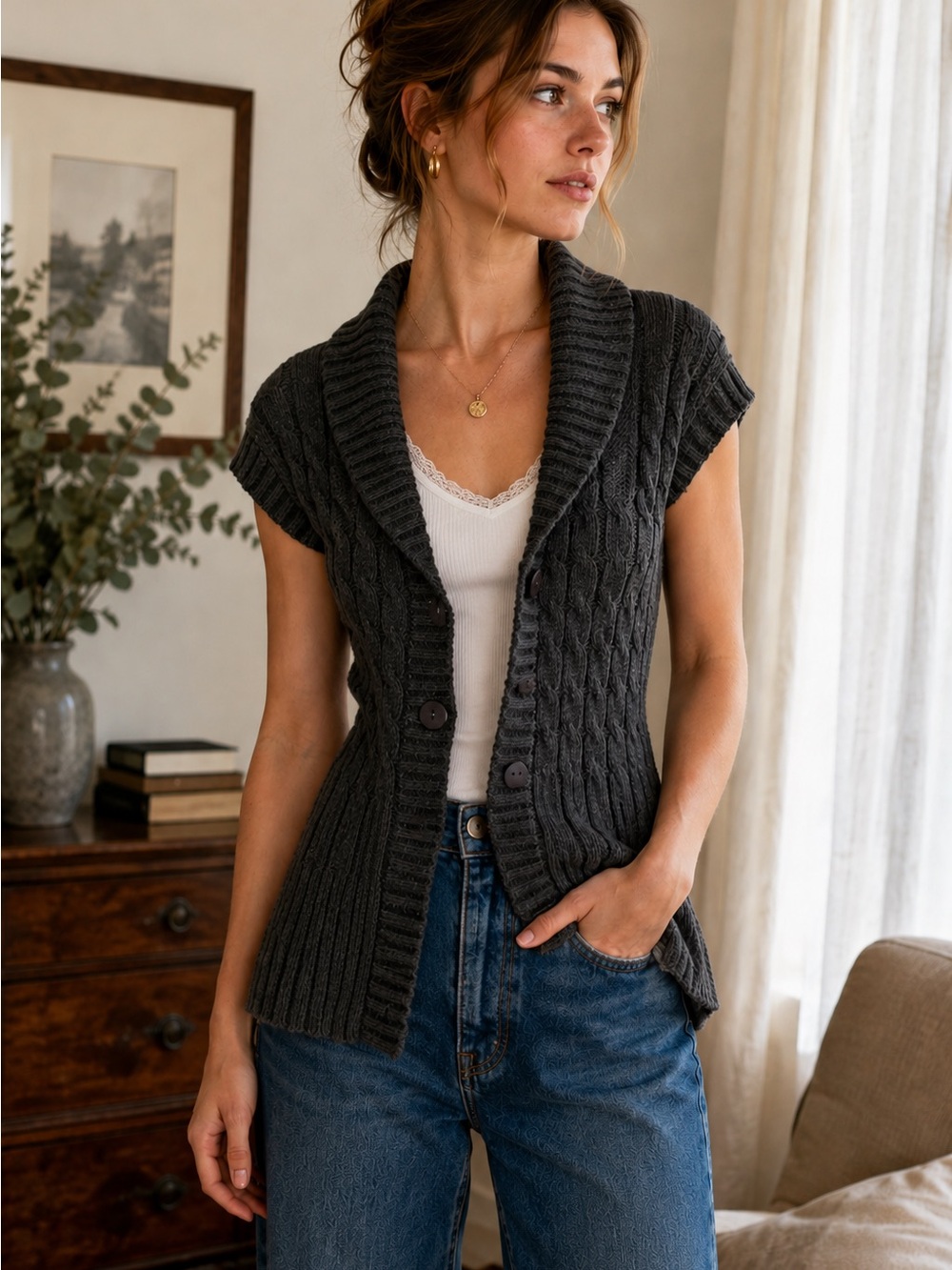 Wet Seal XS Gray Cable Knit Button Front Sweater Vest Shawl Collar Boho